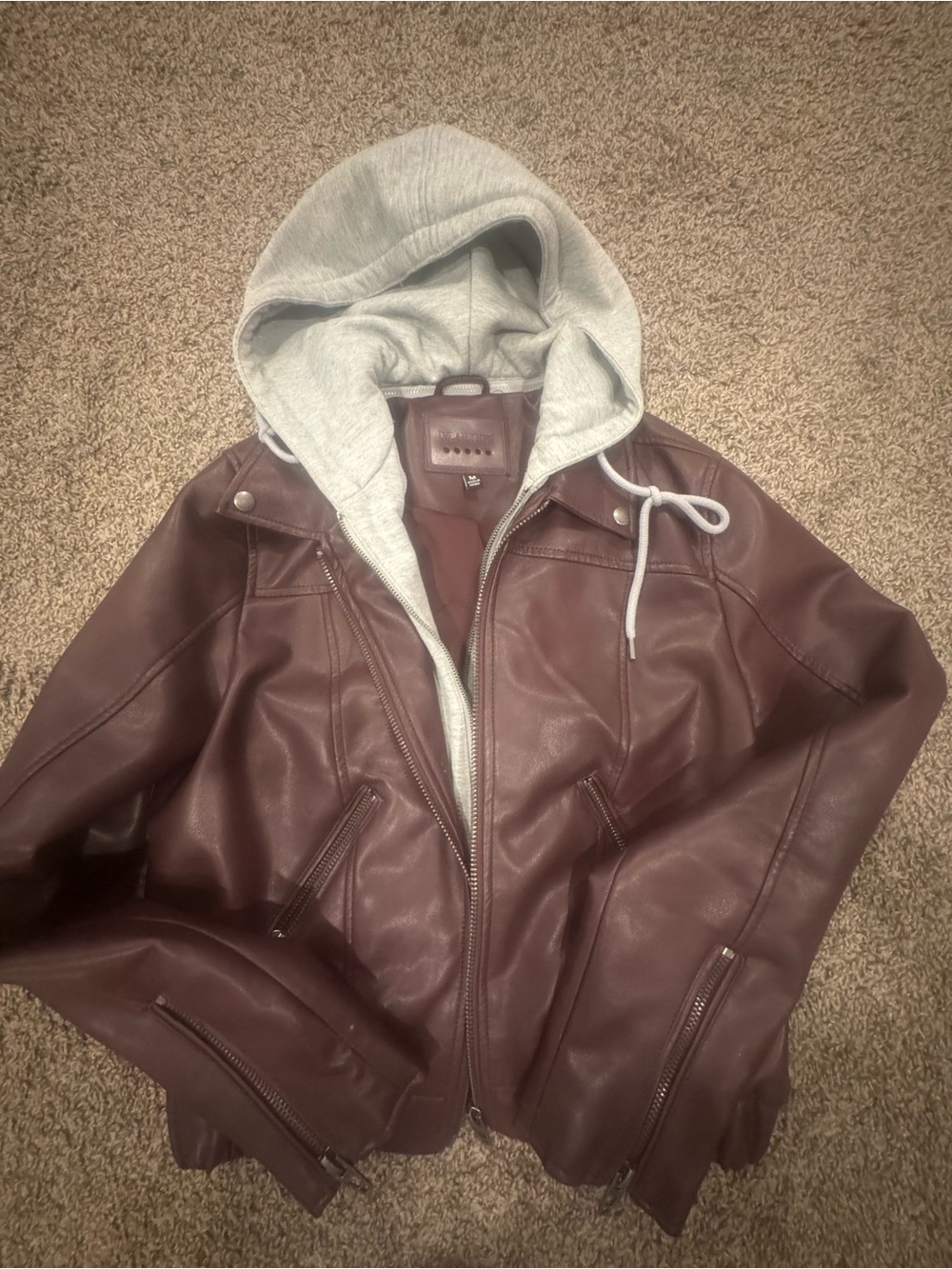 Blank NYC Burgundy Faux Leather Jacket with Gray Hood Insert